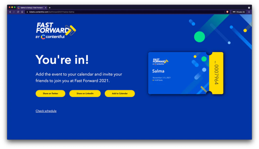 A screenshot of my Fast Forward ticket confirmation with the headline "You're in!" and sharing CTAs to Twitter and LinkedIn, and an add to calendar button.
