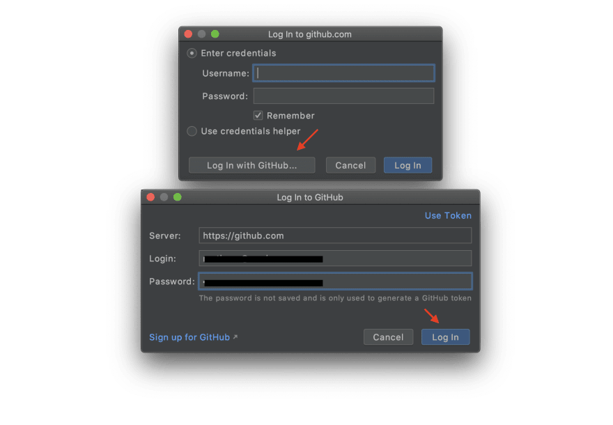 Image shows dialogs to authenticate with GitHub