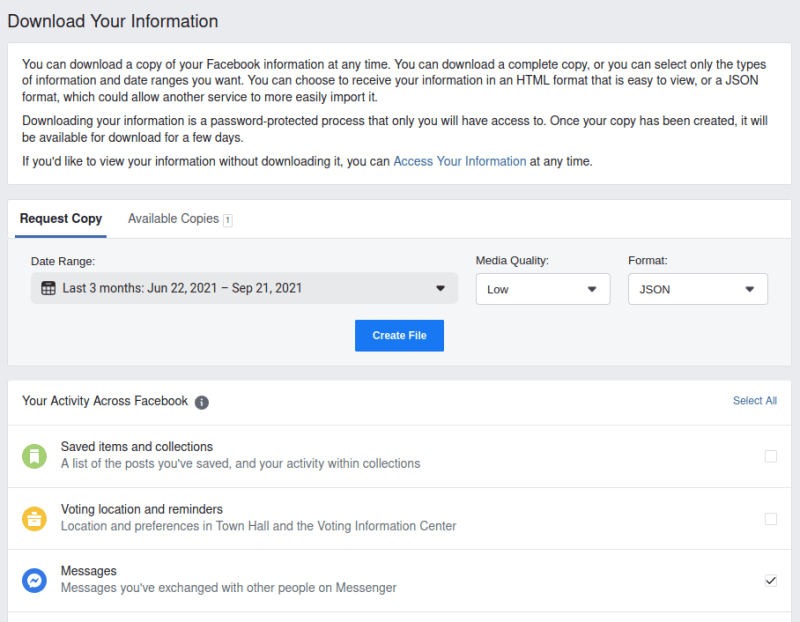 Facebook 'Download your information' screenshot