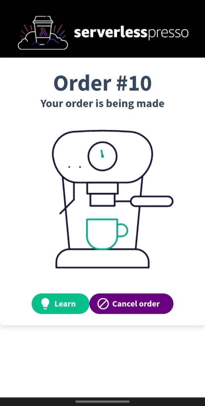 Serverlesspresso mobile app interface - waiting for order page