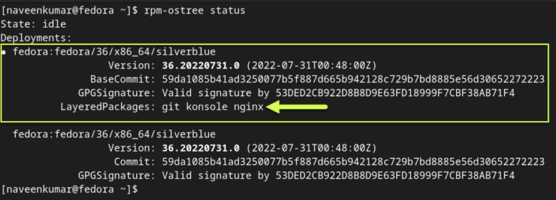 rpm-ostree status after layering