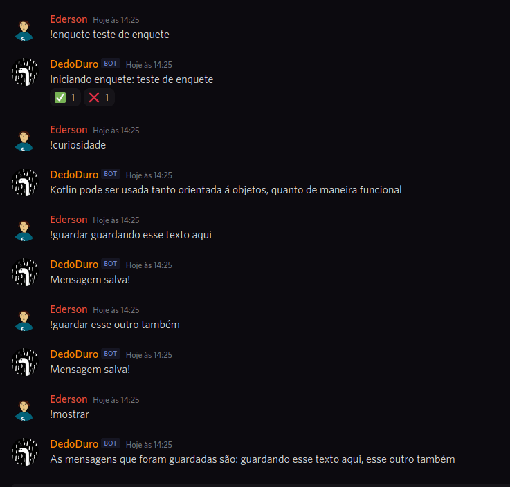 Testando o bot na prática em um canal de texto do Discord, caso você tenha alguma deficiência visual, na seção abaixo há a transcrição