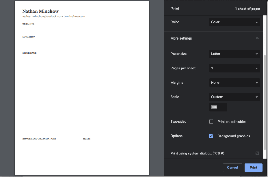 Chrome Print Dialog Settings