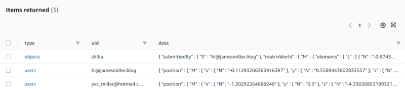 Screenshot of the positional data in the DynamoDB Table<br>
