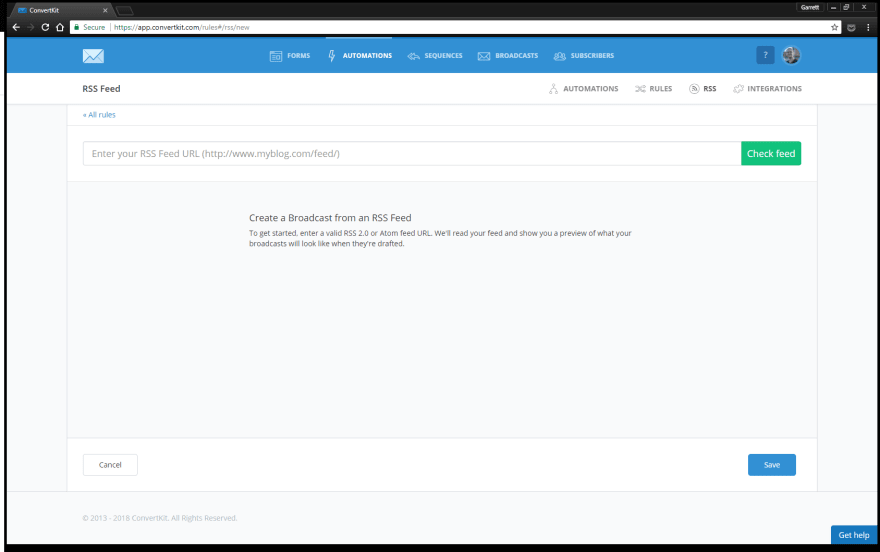RSS page of ConvertKit with RSS input.