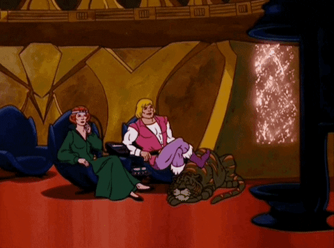 A clip from He-Man: Masters of the Universe... He-Man and Teela chilling and watching what looks like a magical television