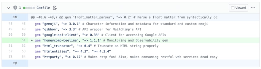 GitHub PR diff showing the honeycomb-beeline gem being added to a Gemfile