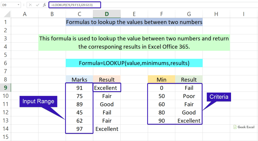 Lookup the value between two numbers