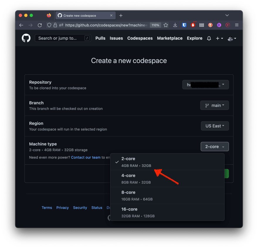 screenshot of github codespaces control panel