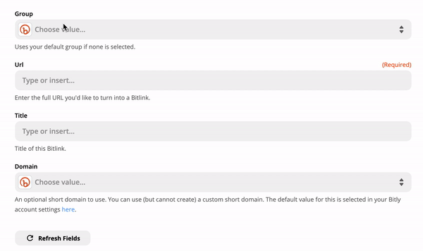 Animated: User uses dropdowns populated with Zapier's data from the RSS feed we set up to set the title and link fields of the Bitly link customisation.