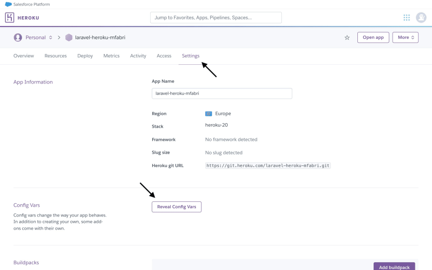 Heroku dashboard, Settings tab with config vars hidden