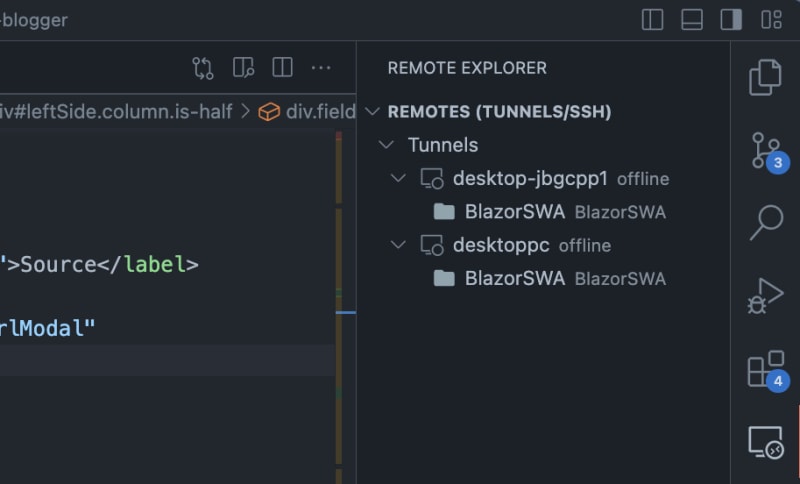 A screenshot of the Remote Tunnels explorer in VS Code