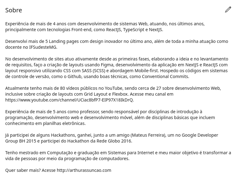 LinkedIn - Sobre de arthurassuncao
