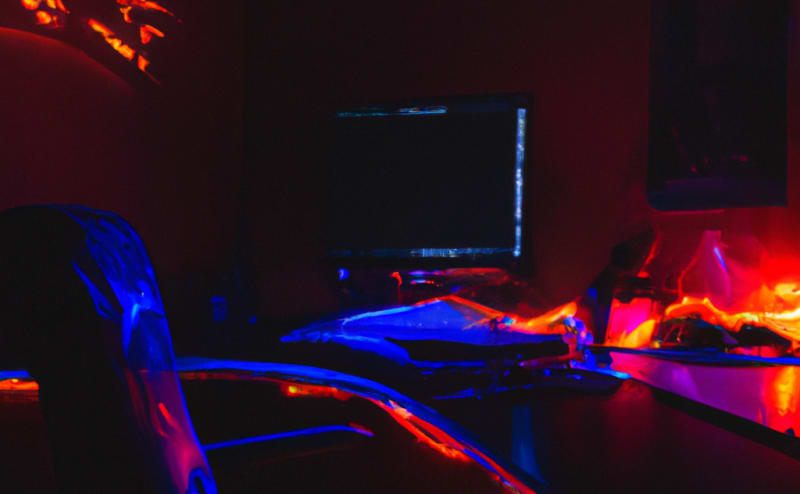 A desk with high tech equipment in a dark room with LEDs illuminating the space