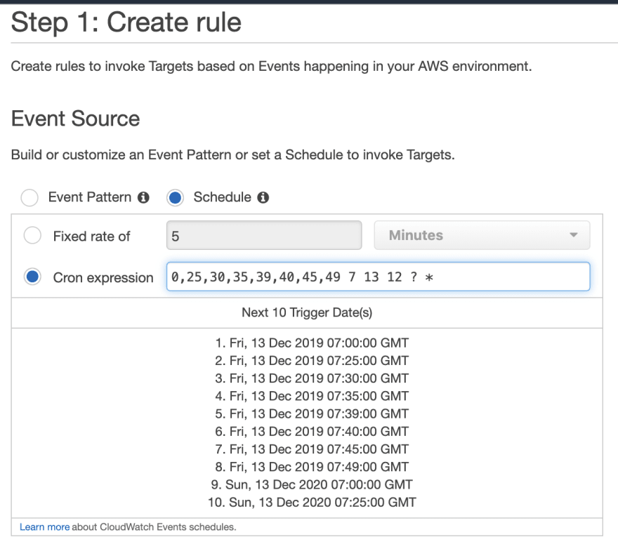 AWS Console. CloudWatch Events Rules to show when cron expression will run