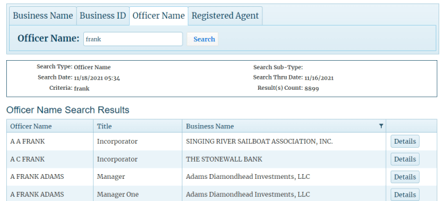 Find business owner information in Mississippi with their "search by officer name" feature.