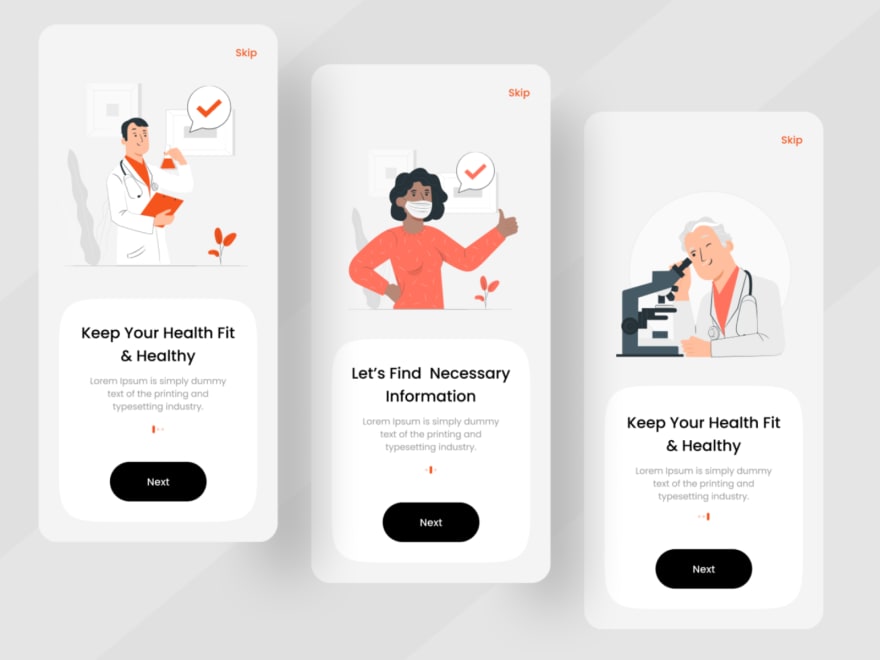 by [jubayer ahmed](https://dribbble.com/shots/17763461-Onboarding-Screens-Doctor-App)
