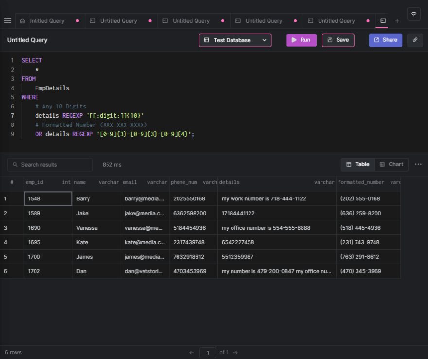 Regexp query results screenshot.