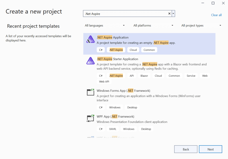 Create .NET Aspire Project in VS 2022 Preview