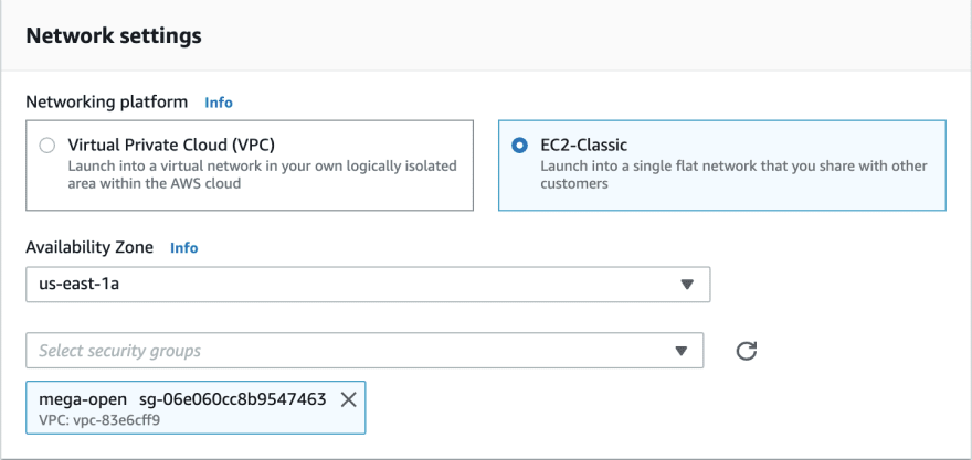 Image of Network Settings selection box