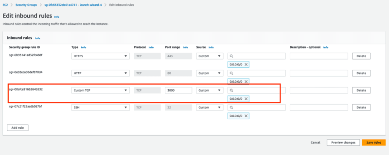 Adding a port 3000 to a security group