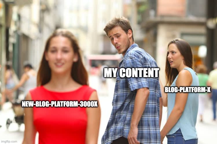 meme where someone eyes up a new blogging platform