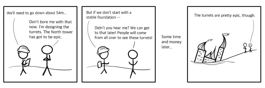 A comic I drew about building castles with poor foundations. It’s not that funny.