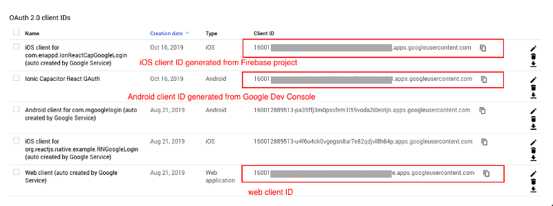 Client IDs in Google Developer Console.