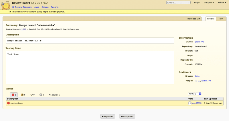 Screenshot of Review Board overview