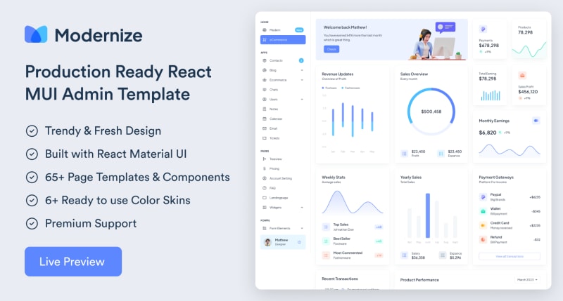 Modernize React MUI Dashboard Template from AdminMart