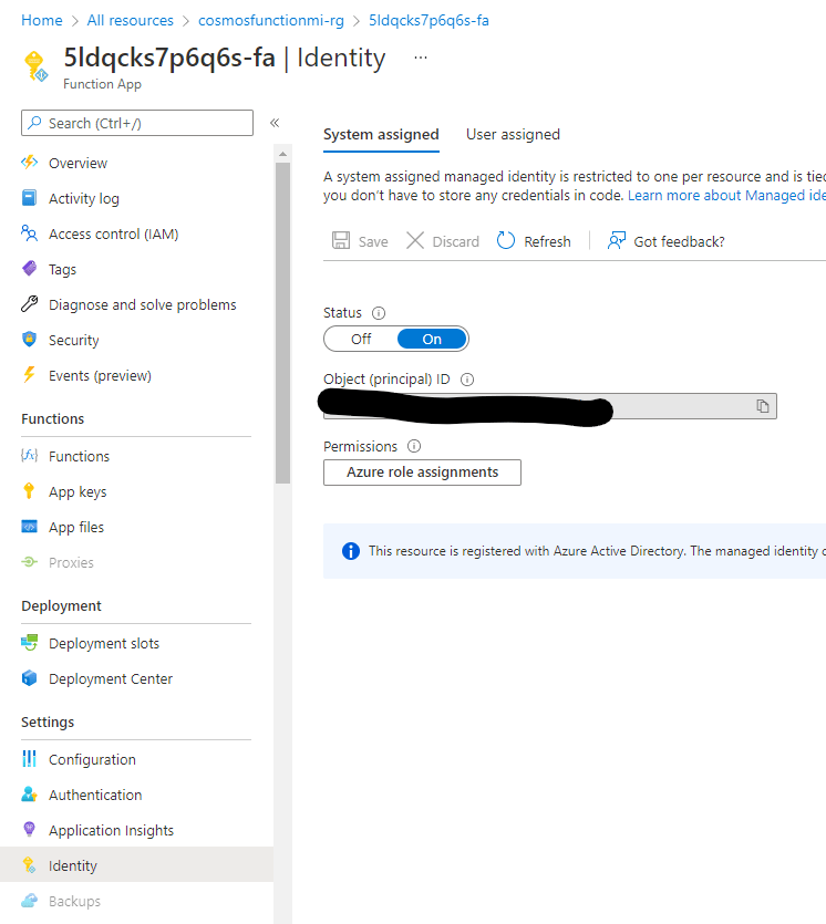system assigned identity Azure Function