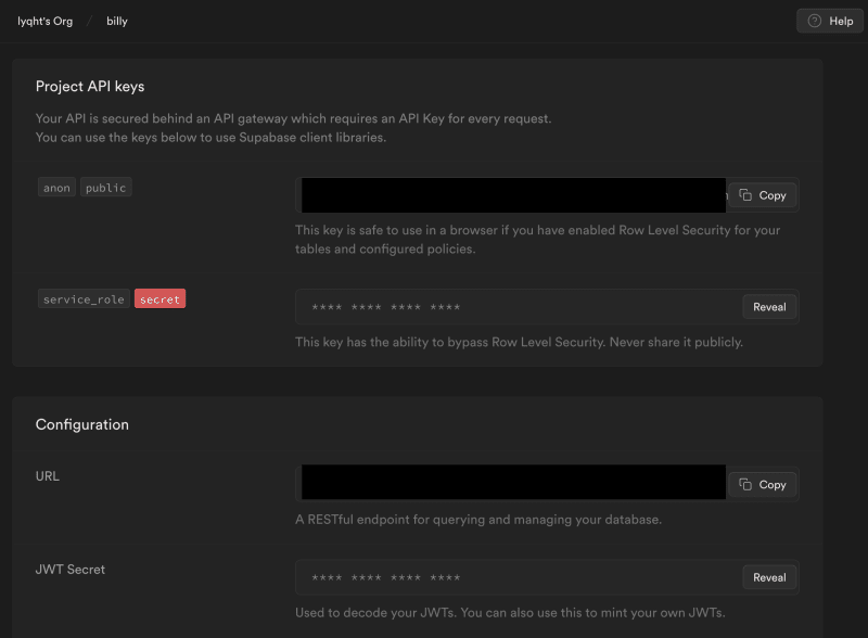 Screenshot of Supabase project dashboard