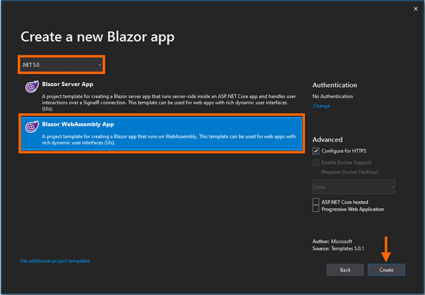 choose the .NET 5.0 option and select Blazor WebAssembly App. Then, click Create