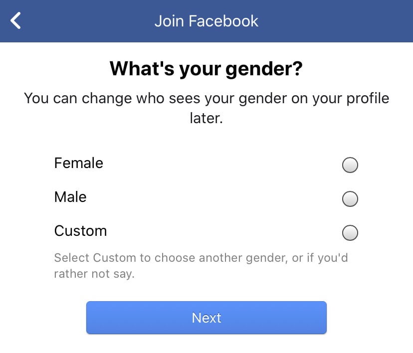 Facebook's gender selector: three options, man, woman or custom