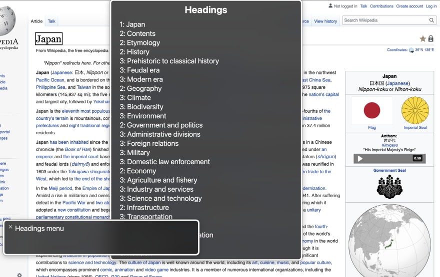List of headings when using VoiceOver on MacOS in Safari.