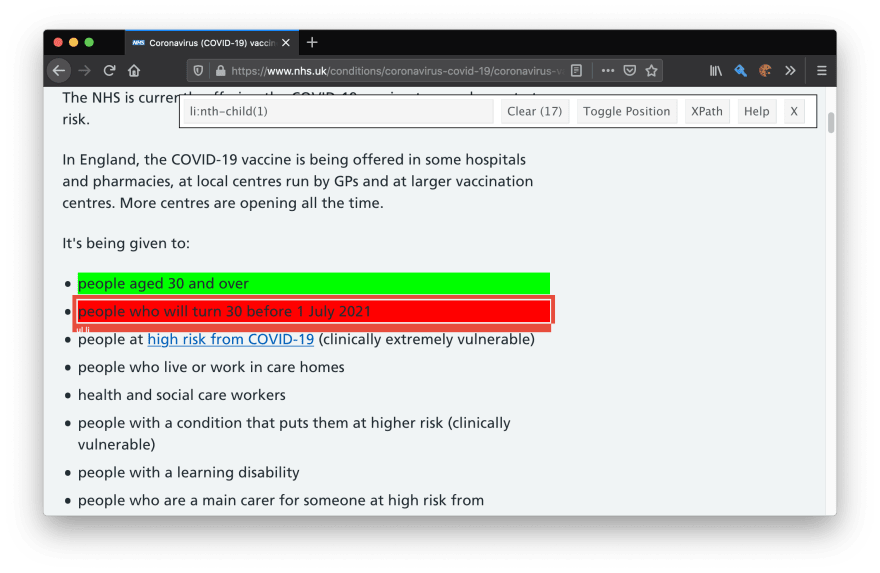 Selector gadget highlighted in green the bullet point we want to monitor on, the second bullet point we want to ignore is highlighted red - indicating we do not want it in scope. There are 17 items in scope for this current selection