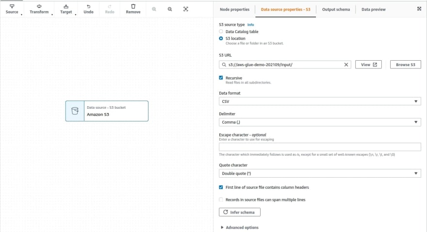 AWS Glue Studio - data source properties