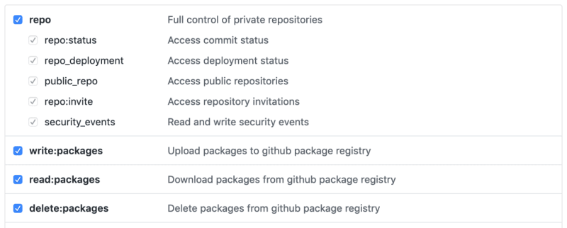 Screenshot of GitHub generate Personal Access Token page with relevant options selected