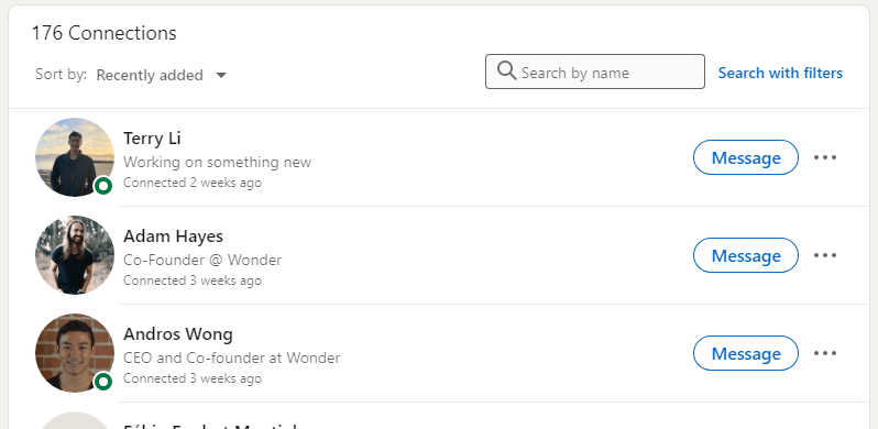 Screenshot of my recently added linkedin connections