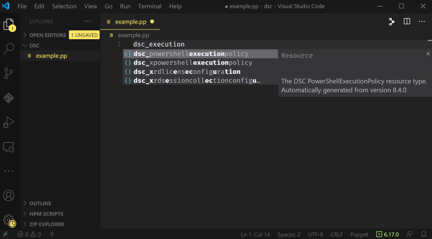 A VSCode window showing the text 'dsc_execution' has raised a tooltip which lists multiple possible matches, including dsc_powershellexecutionpolicy, and to the right it shows the help information for this resource.