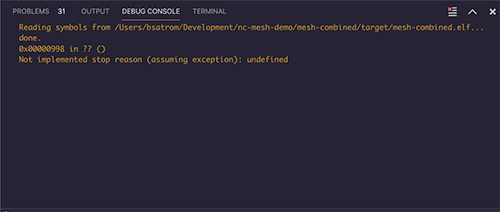 An Image of the debug Console in Particle Workbench