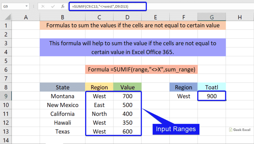 Formulas to sum if cells are not equal to certain value