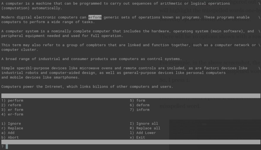 aspell command corrects and moves to the next misspelled word in the file