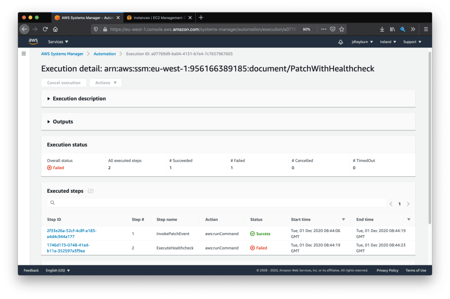 Task invocation detail view for one instance. There are two steps, one for invoking a patch event and another for performing a healthcheck - the patch was successful but the healthcheck failed