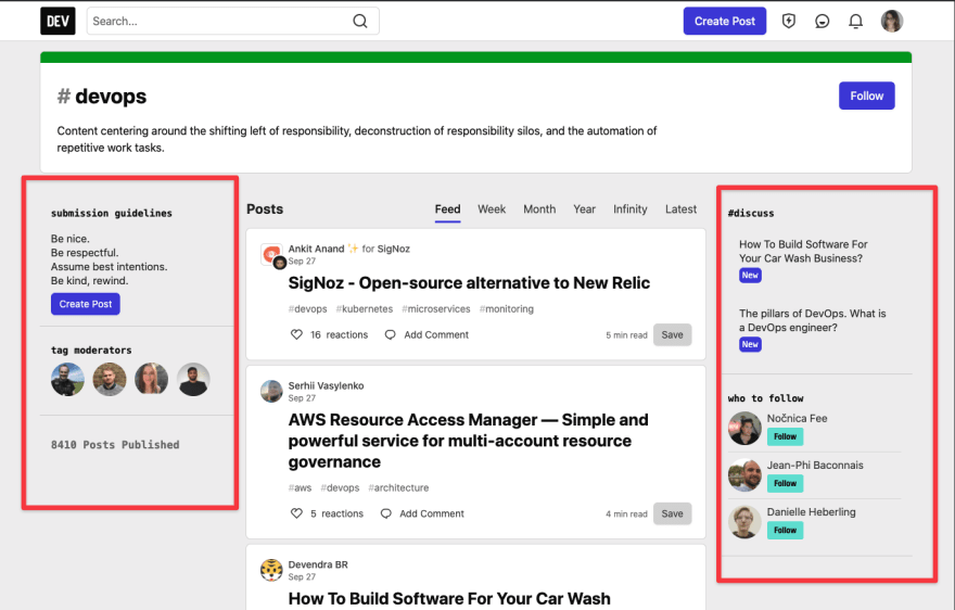 screenshot of the tag page for DEV's devops tag. The right sidebar and left sidebar content have a red box around them to highlight them