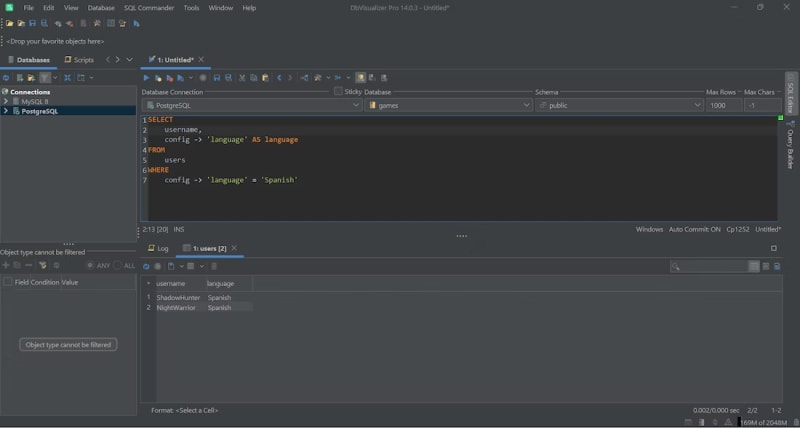 Retrieving the info of the user with id = 7 in DbVisualizer.<br> 