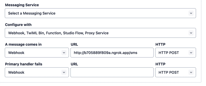 configure twilio phone number webpage with ngrok url when a message comes in