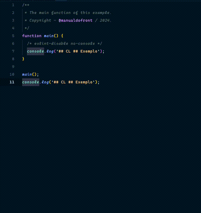 Um trecho de código JavaScript. Ele inclui uma função  que registra a mensagem 