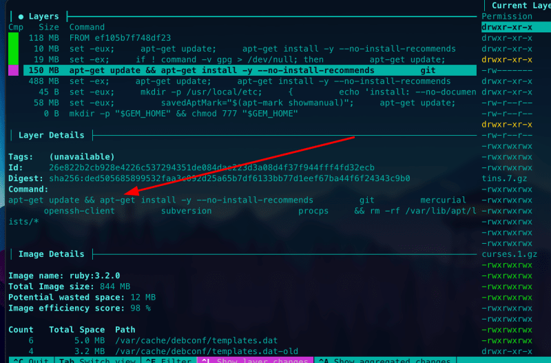 dive ruby:3.2.0, layer details