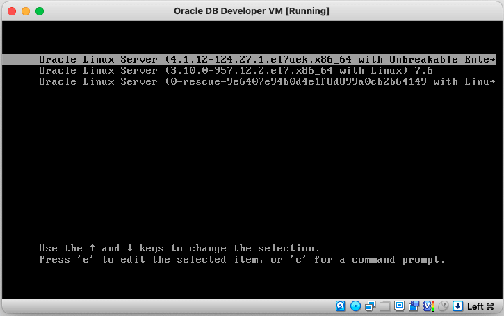 Figure 11 - Starting the VM. Grub boot menu of the Oracle Linux operating system